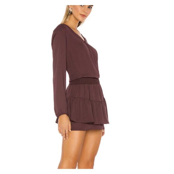 Krisa REVOLVE NWT Smocked Surplice Mini Dress Dark Brown Tiered Drop Waist Sz S - Picture 1 of 13